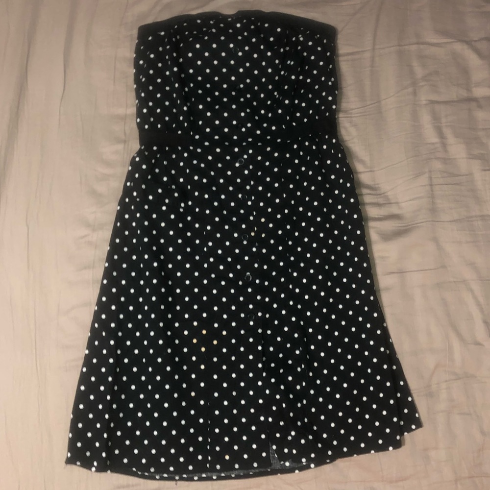 Black and white polka dot strapless dress